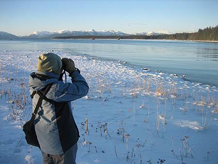 woman looking through binoculars at glacier bay