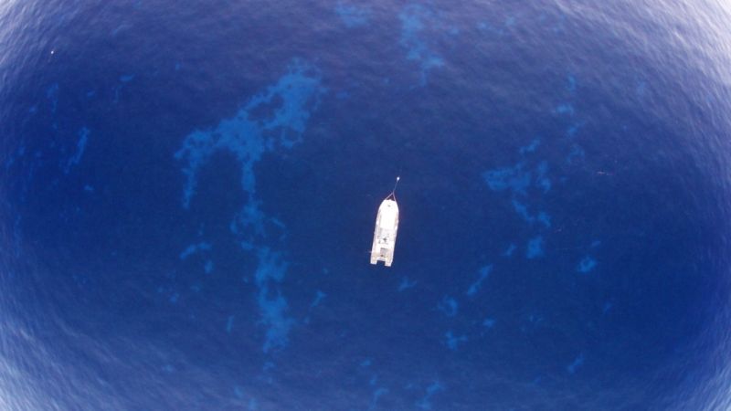 Birds-eye-view of a small white boat on dark blue water with light blue reefs.