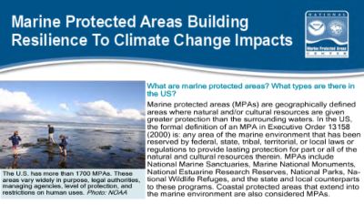 Screenshot of Marine Protected Areas Building Resilience To Climate Change Impacts, including images of a seabird and a family standing on the shore.