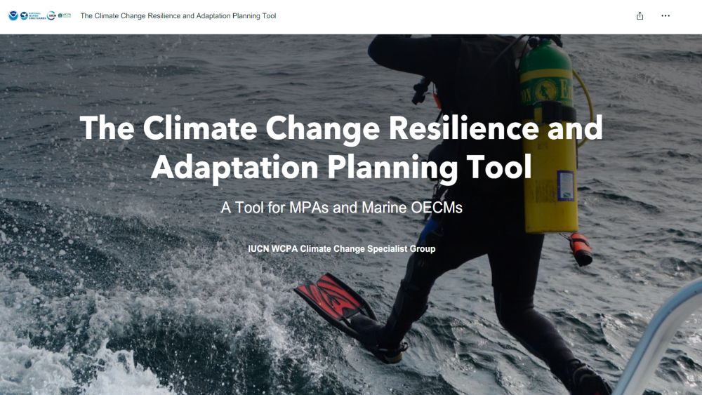 Screenshot of the Climate Change Resilience and Adaptation Planning Tool StoryMap, including an image of a diver jumping off a boat.