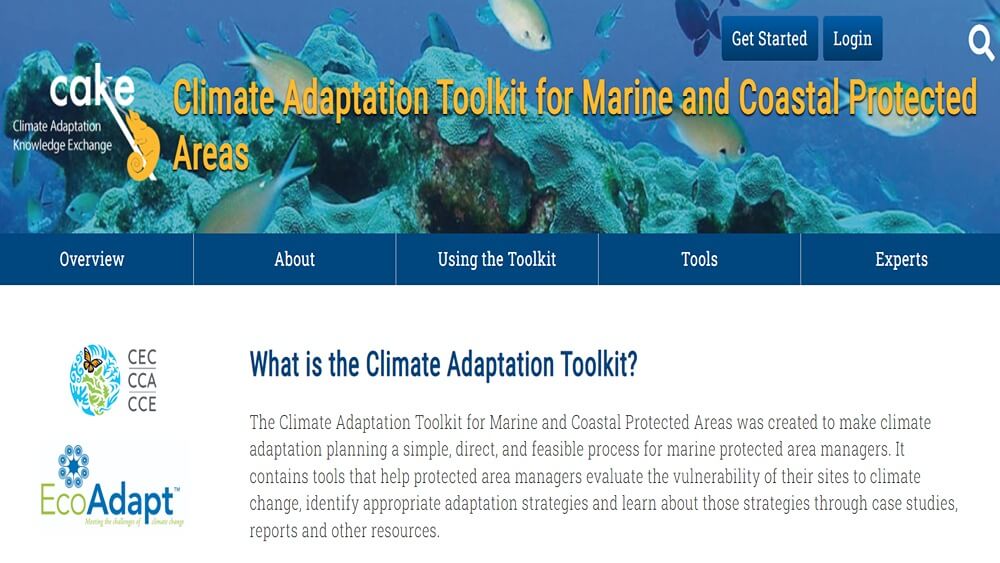 Screenshot of Climate Adaptation Toolkit for Marine and Coastal Protected Areas, including image of fish and a reef.