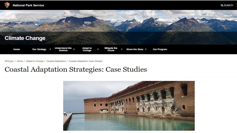Screenshot of Coastal Adaptation Strategies: Case Studies, including an image of a fort by the water.