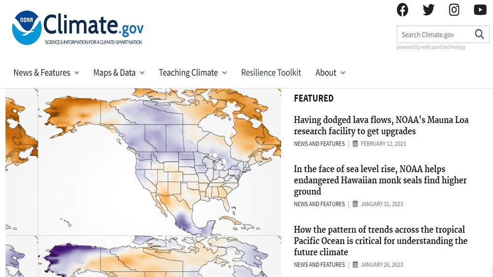 Screenshot of the NOAA Climate Data and Services website.