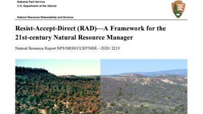 Screenshot of Resist-Accept-Direct (RAD)—A Framework for the 21st-century Natural Resource Manager, including an image of a desert where half of the image is green and the other half looks more colorless and barren.
