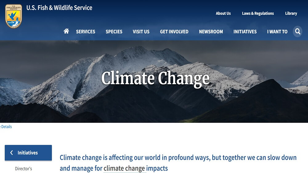 Screenshot of the U.S. Fish and Wildlife Service – Climate Change website.